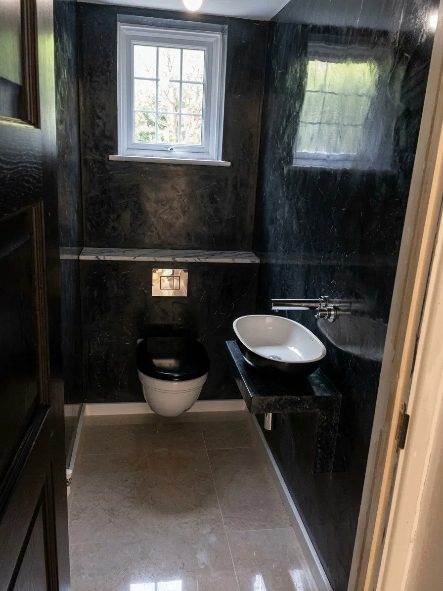 Hand-polished black Venetian marmorino plaster cloakroom walls with marble shelf and dark sink