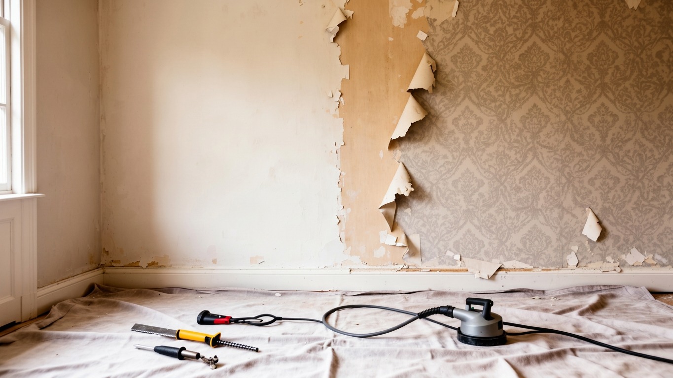 Wallpaper professionally stripped to reveal smooth plaster