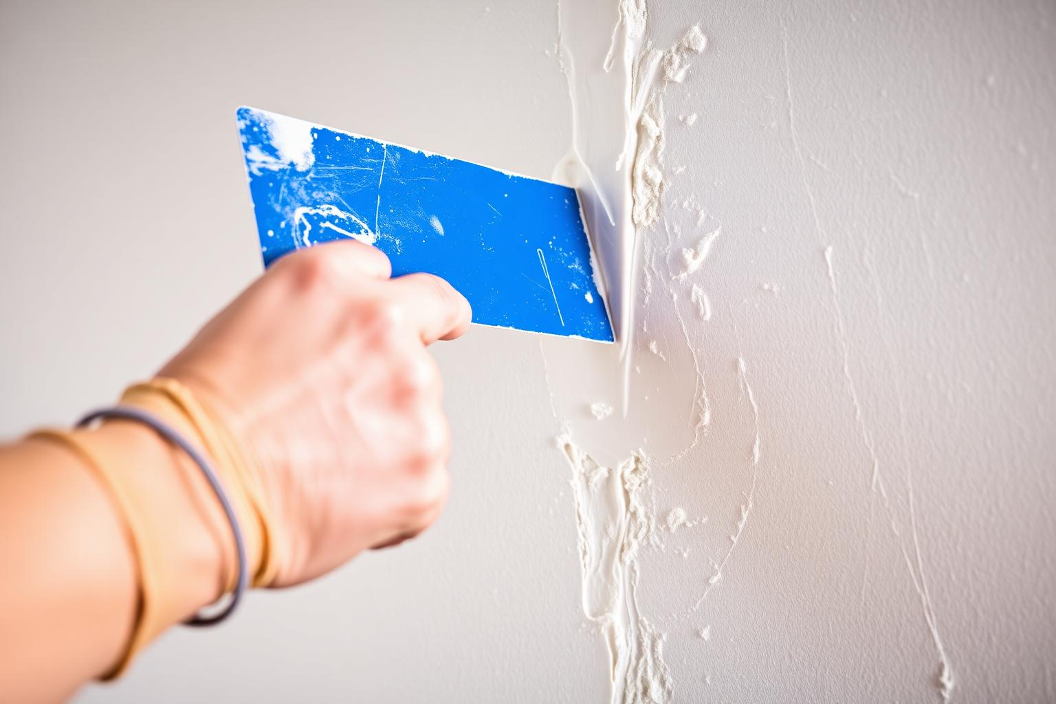 Decorator's hand applying a smooth skim plaster coat to an interior wall with a wide trowel